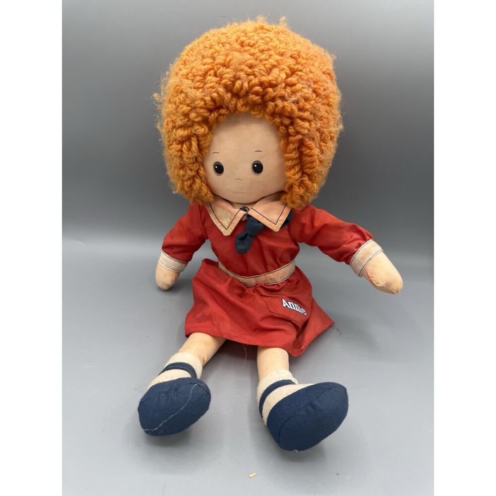 Vintage Annie Rag Doll Red Dress Yarn Hair Cloth Doll 15” AS IS Dye Transfer
